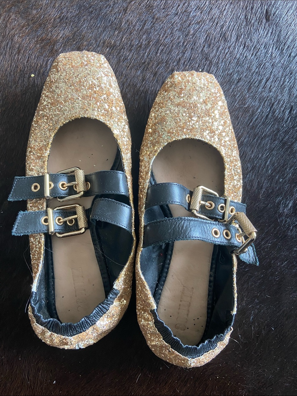 Gold Glitter Mary Jane Flats with Black Straps